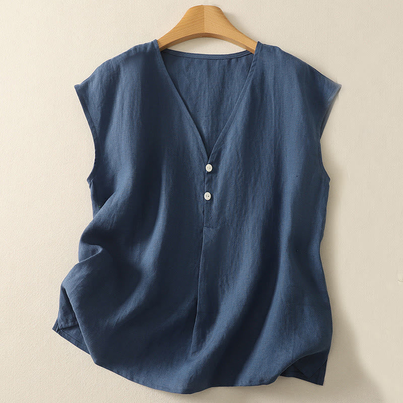 Buddha Stones Retro V-Neck Button Design Women's Cotton Sleeveless Vest - SteelBlue - US8-10，UK/AU12-14，EU40-42 (2XL) - image 0