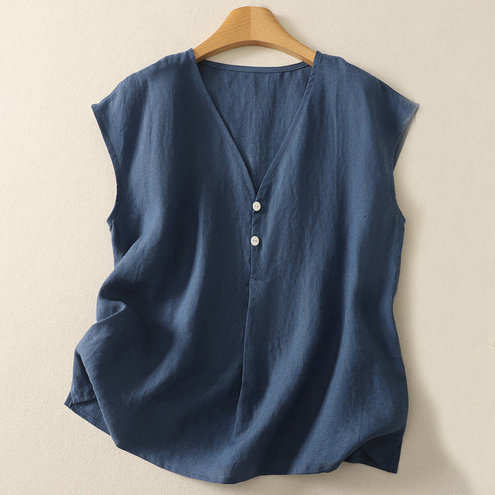 Buddha Stones Retro V-Neck Button Design Women's Cotton Sleeveless Vest - SteelBlue - US8-10，UK/AU12-14，EU40-42 (2XL) - image 1