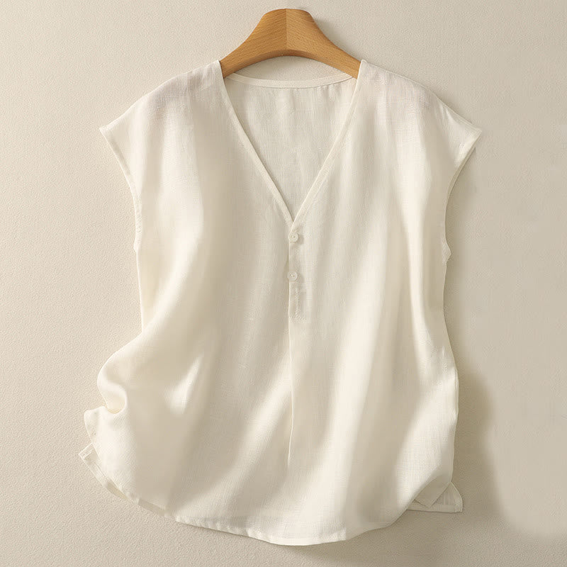 Buddha Stones Retro V-Neck Button Design Women's Cotton Sleeveless Vest - Linen - US8-10，UK/AU12-14，EU40-42 (2XL) - image 7