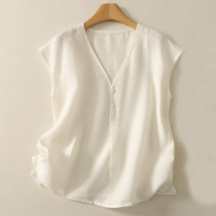 Buddha Stones Retro V-Neck Button Design Women's Cotton Sleeveless Vest - Linen - US8-10，UK/AU12-14，EU40-42 (2XL) - image 7