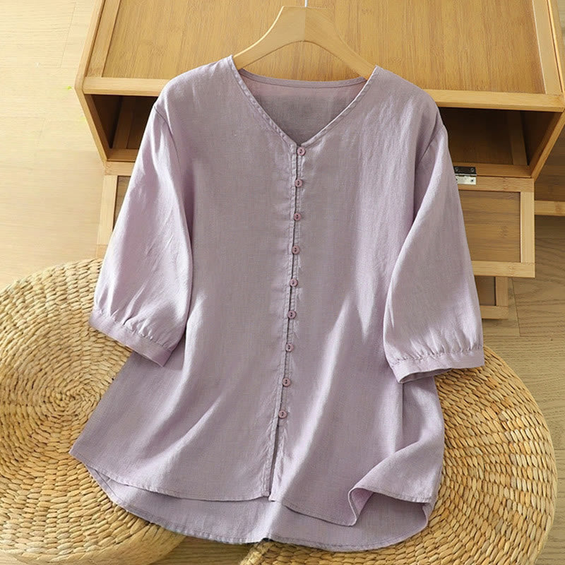 Buddha Stones Solid Buttons V-Neck Half Sleeve Women's Shirt - Thistle - US12，UK/AU16，EU44 (2XL) - image 26