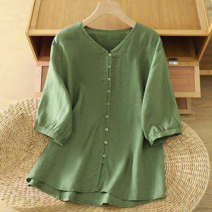 Buddha Stones Solid Buttons V-Neck Half Sleeve Women's Shirt - DarkSeaGreen - US12，UK/AU16，EU44 (2XL) - image 17