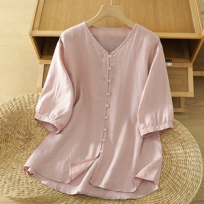Buddha Stones Solid Buttons V-Neck Half Sleeve Women's Shirt - LightPink - US12，UK/AU16，EU44 (2XL) - image 0