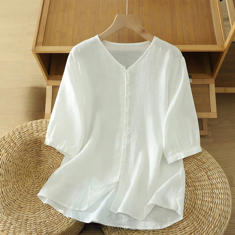 Buddha Stones Solid Buttons V-Neck Half Sleeve Women's Shirt - White - US12，UK/AU16，EU44 (2XL) - image 6