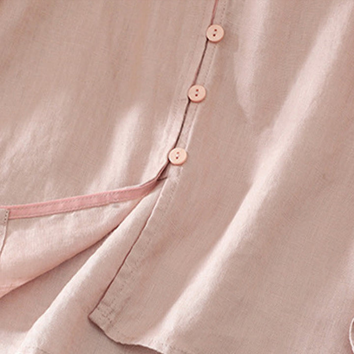 Buddha Stones Solid Buttons V-Neck Half Sleeve Women's Shirt - image 4