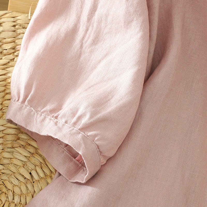 Buddha Stones Solid Buttons V-Neck Half Sleeve Women's Shirt - image 5