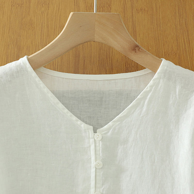 Buddha Stones Solid Buttons V-Neck Half Sleeve Women's Shirt - image 9