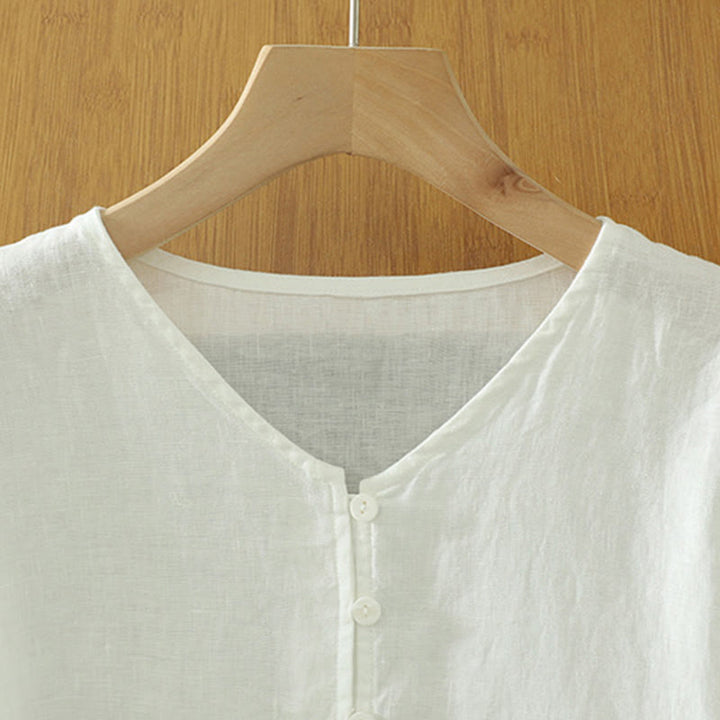 Buddha Stones Solid Buttons V-Neck Half Sleeve Women's Shirt - image 9