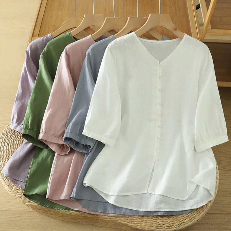 Buddha Stones Solid Buttons V-Neck Half Sleeve Women's Shirt - image 2