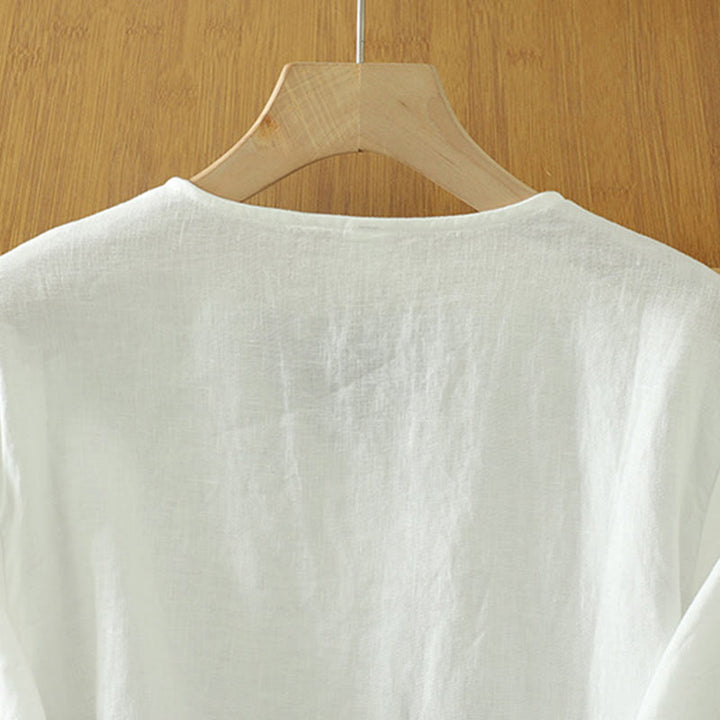 Buddha Stones Solid Buttons V-Neck Half Sleeve Women's Shirt - image 9