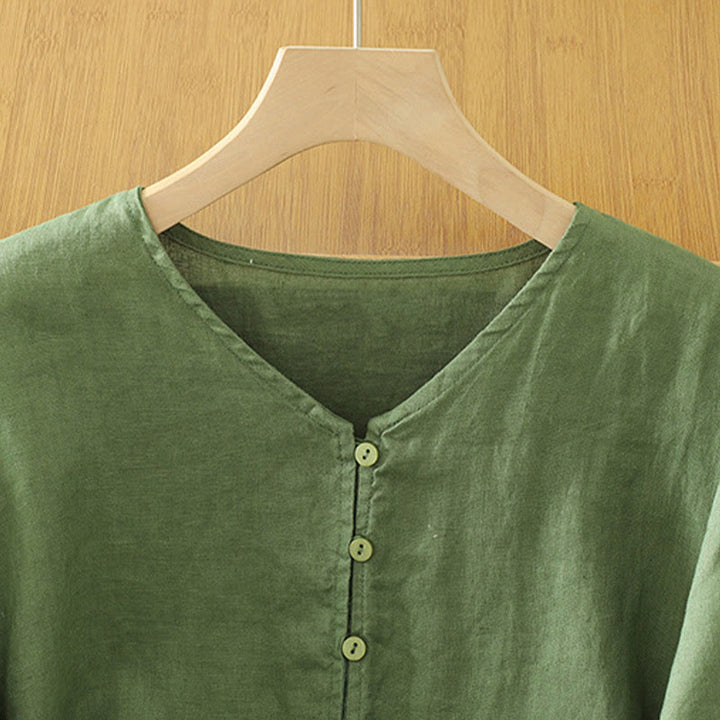 Buddha Stones Solid Buttons V-Neck Half Sleeve Women's Shirt - image 18