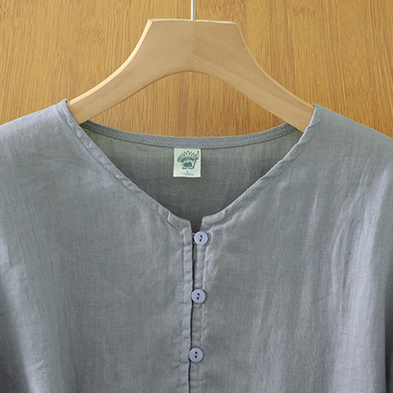 Buddha Stones Solid Buttons V-Neck Half Sleeve Women's Shirt - image 22