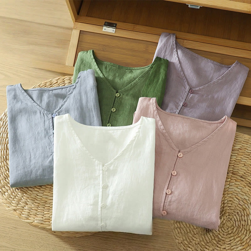 Buddha Stones Solid Buttons V-Neck Half Sleeve Women's Shirt - image 32
