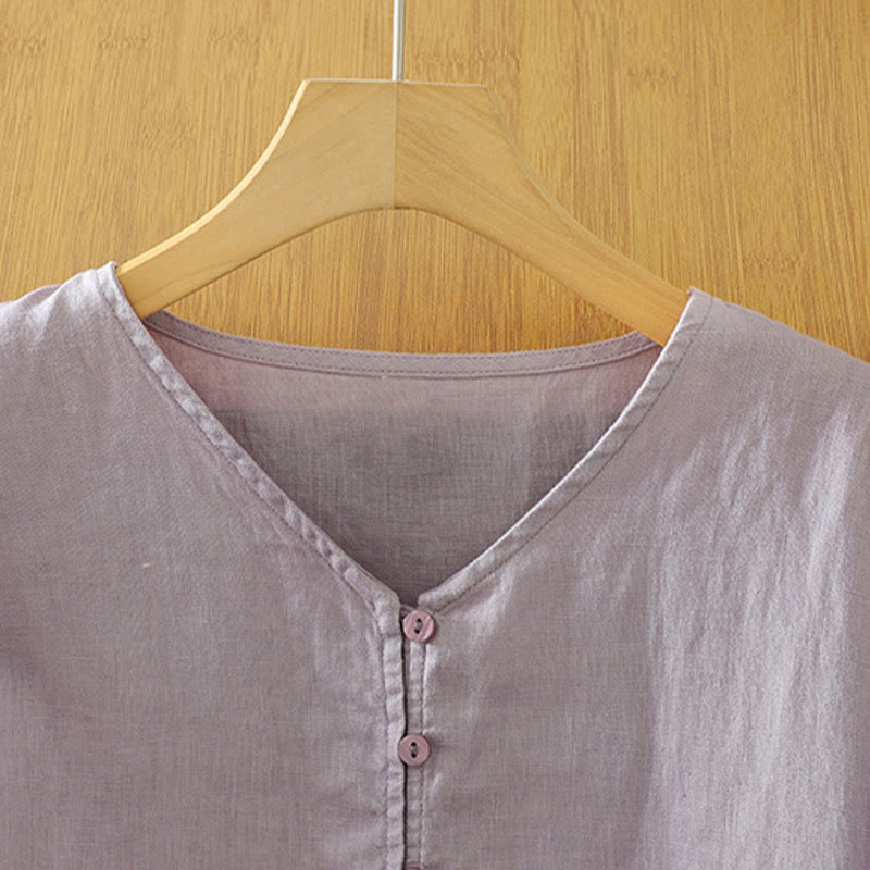Buddha Stones Solid Buttons V-Neck Half Sleeve Women's Shirt - image 28