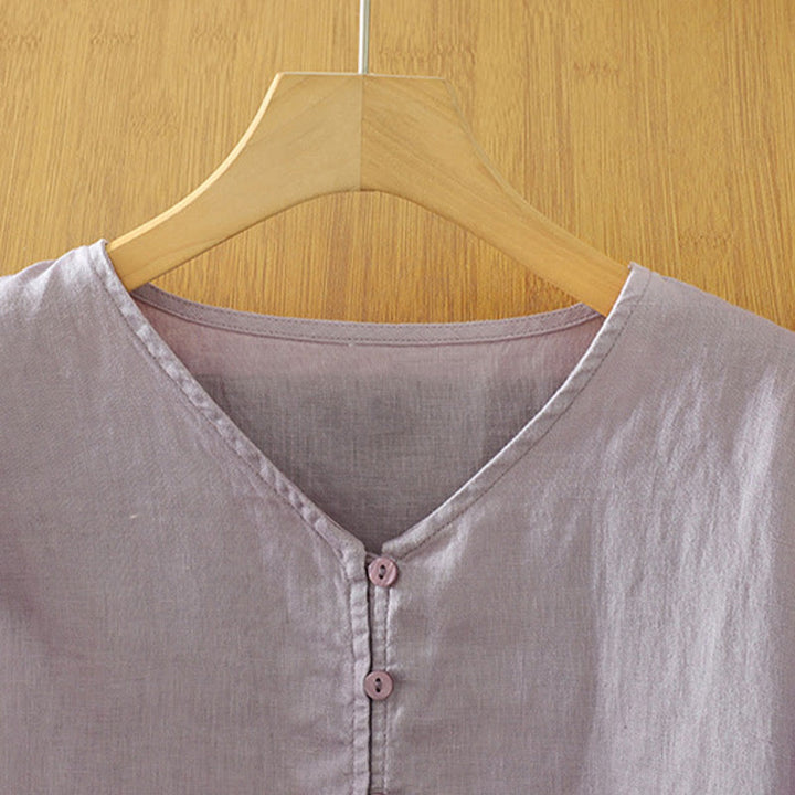 Buddha Stones Solid Buttons V-Neck Half Sleeve Women's Shirt - image 28