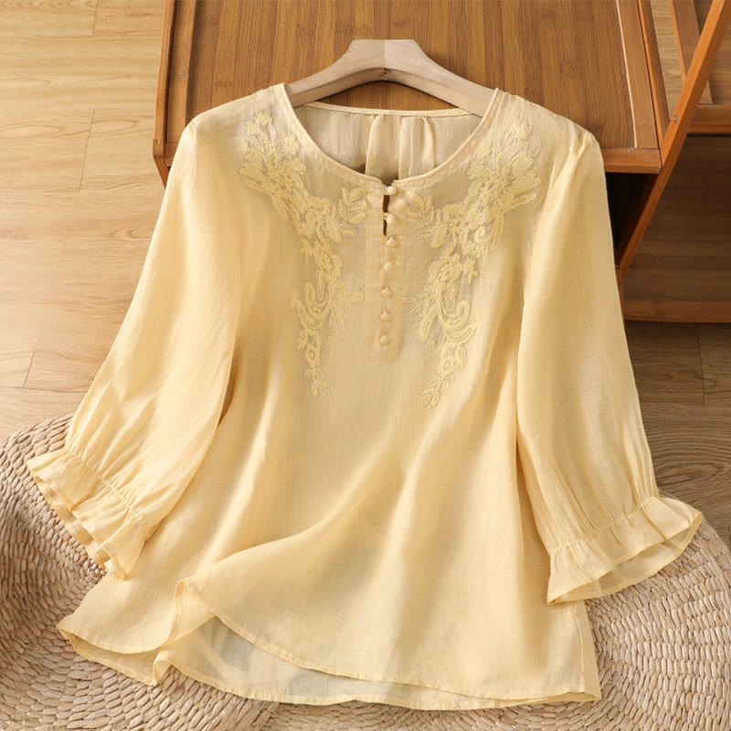 Buddha Stones Flower Vines Embroidery Button Crew Neck Three Quarter Sleeve Women's Shirt - Khaki - US12，UK/AU16，EU44 (2XL) - image 0