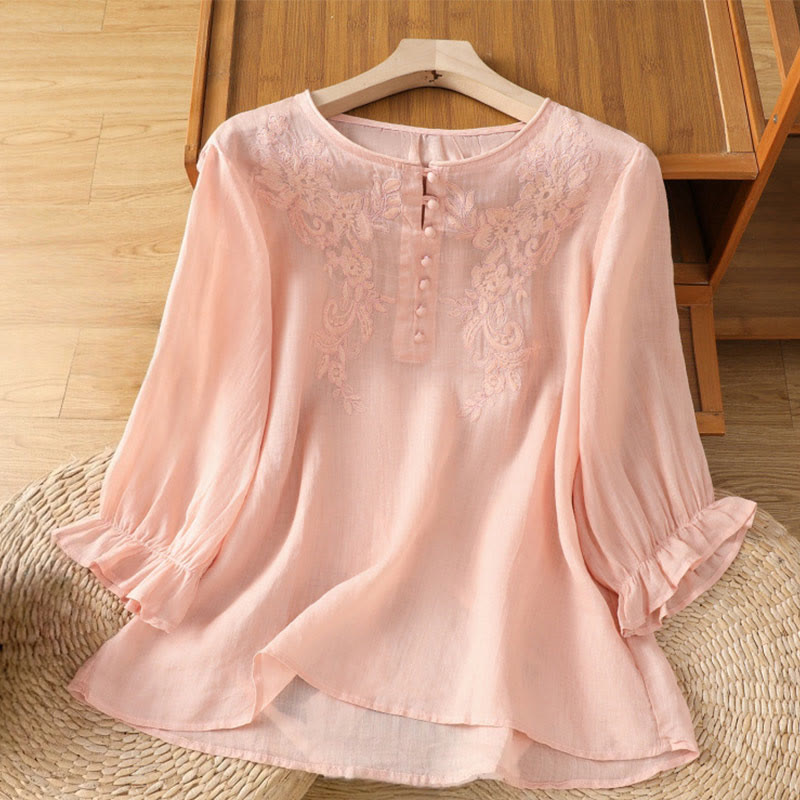 Buddha Stones Flower Vines Embroidery Button Crew Neck Three Quarter Sleeve Women's Shirt - LightPink - US12，UK/AU16，EU44 (2XL) - image 17