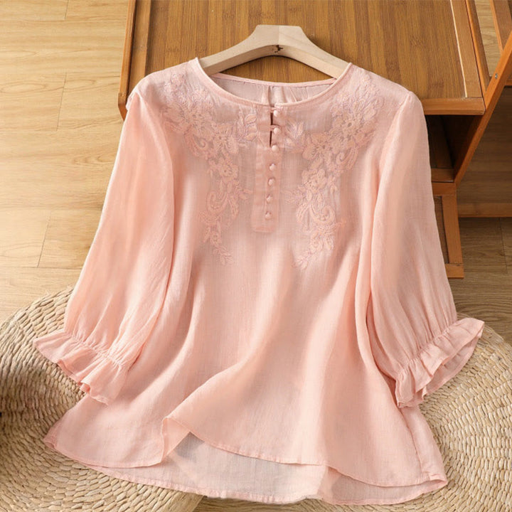 Buddha Stones Flower Vines Embroidery Button Crew Neck Three Quarter Sleeve Women's Cotton Shirt - LightPink - US12，UK/AU16，EU44 (2XL) - image 18
