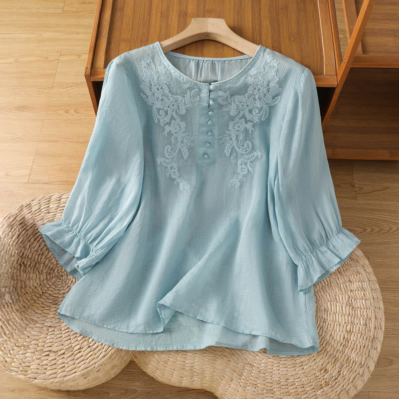 Buddha Stones Flower Vines Embroidery Button Crew Neck Three Quarter Sleeve Women's Cotton Shirt - LightBlue - US12，UK/AU16，EU44 (2XL) - image 26