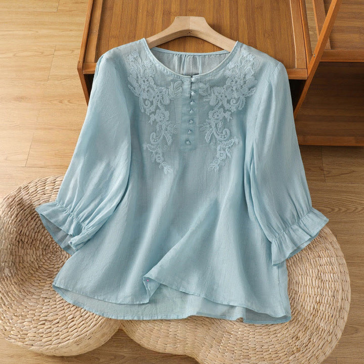 Buddha Stones Flower Vines Embroidery Button Crew Neck Three Quarter Sleeve Women's Cotton Shirt - LightBlue - US12，UK/AU16，EU44 (2XL) - image 26