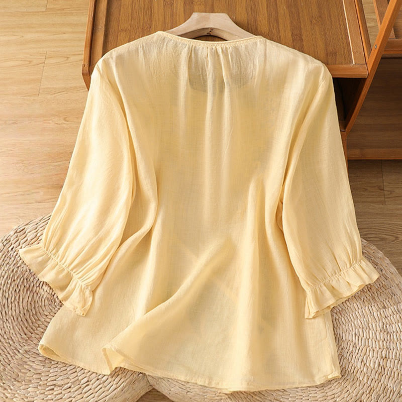 Buddha Stones Flower Vines Embroidery Button Crew Neck Three Quarter Sleeve Women's Shirt - image 2