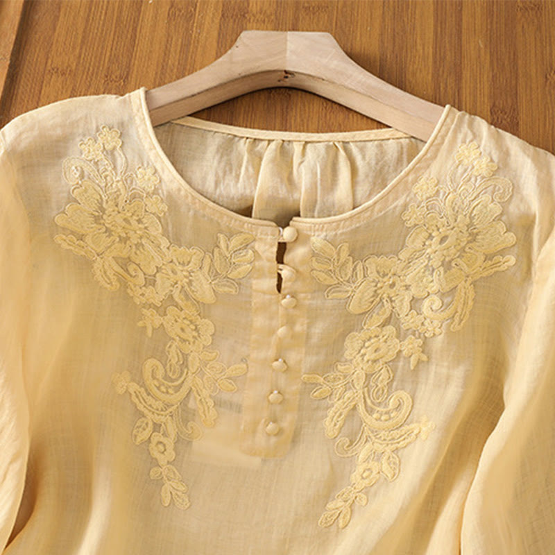 Buddha Stones Flower Vines Embroidery Button Crew Neck Three Quarter Sleeve Women's Shirt - image 4