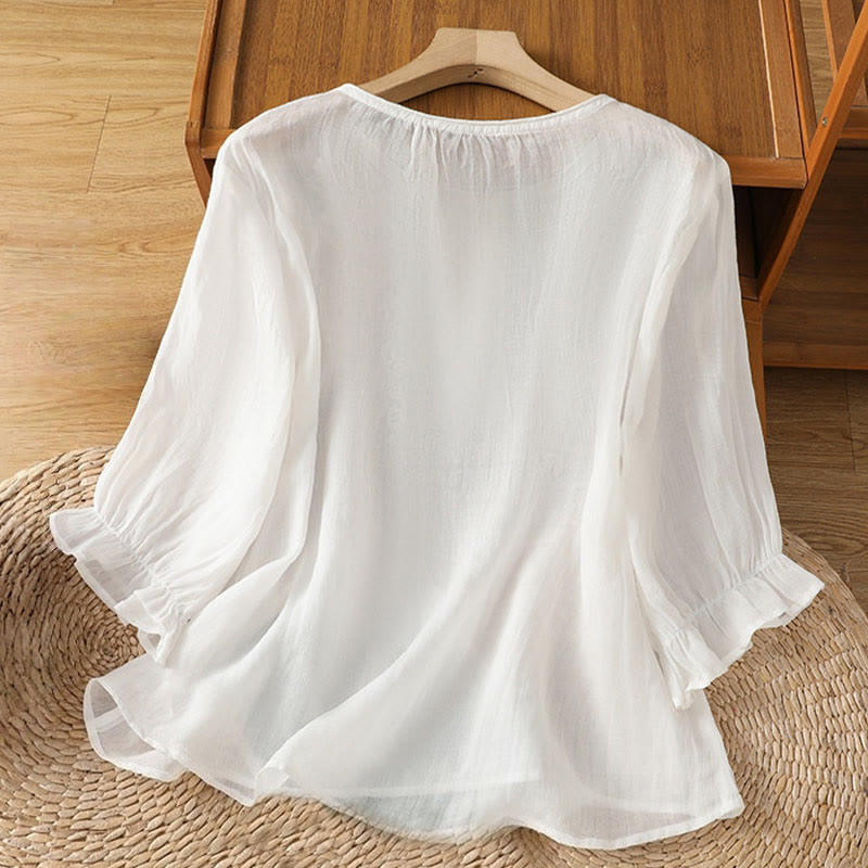 Buddha Stones Flower Vines Embroidery Button Crew Neck Three Quarter Sleeve Women's Cotton Shirt - image 10