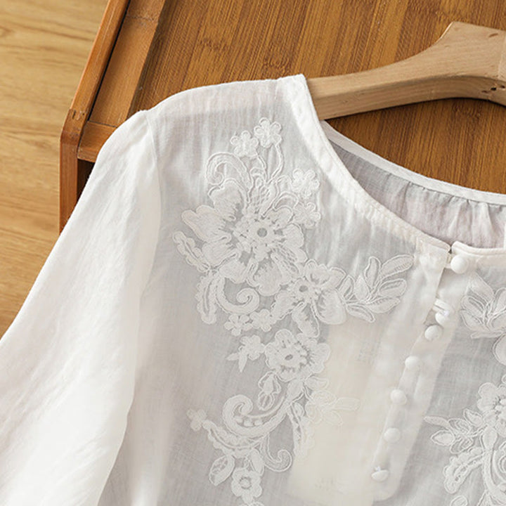 Buddha Stones Flower Vines Embroidery Button Crew Neck Three Quarter Sleeve Women's Cotton Shirt - image 13