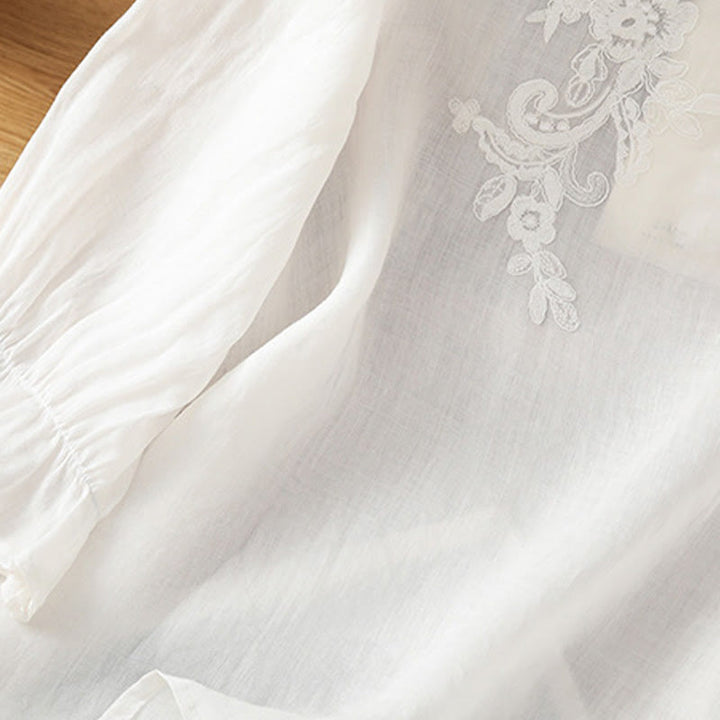 Buddha Stones Flower Vines Embroidery Button Crew Neck Three Quarter Sleeve Women's Shirt - image 14