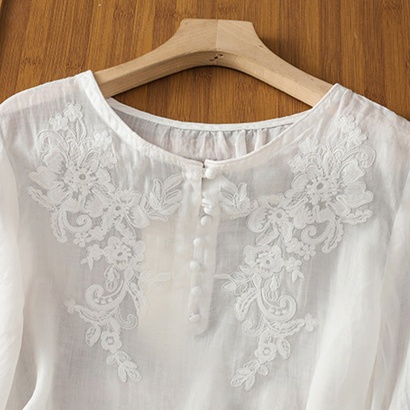 Buddha Stones Flower Vines Embroidery Button Crew Neck Three Quarter Sleeve Women's Cotton Shirt - image 11