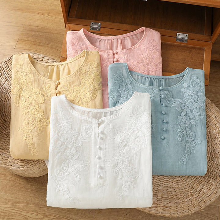 Buddha Stones Flower Vines Embroidery Button Crew Neck Three Quarter Sleeve Women's Cotton Shirt - image 33