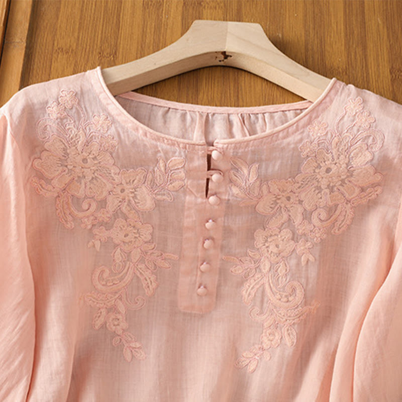 Buddha Stones Flower Vines Embroidery Button Crew Neck Three Quarter Sleeve Women's Shirt - image 19
