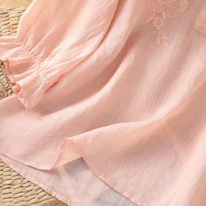 Buddha Stones Flower Vines Embroidery Button Crew Neck Three Quarter Sleeve Women's Cotton Shirt - image 23