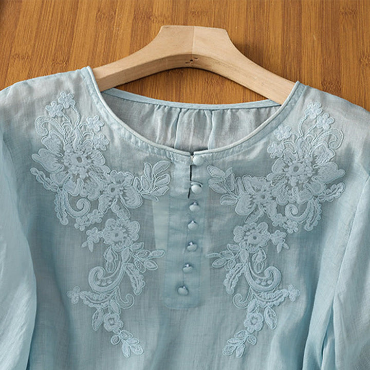 Buddha Stones Flower Vines Embroidery Button Crew Neck Three Quarter Sleeve Women's Shirt - image 27
