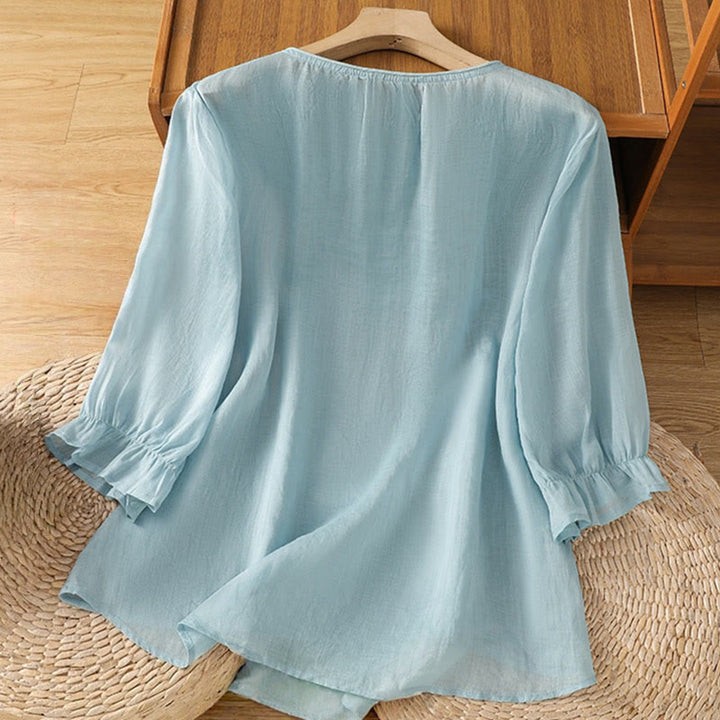 Buddha Stones Flower Vines Embroidery Button Crew Neck Three Quarter Sleeve Women's Cotton Shirt - image 26