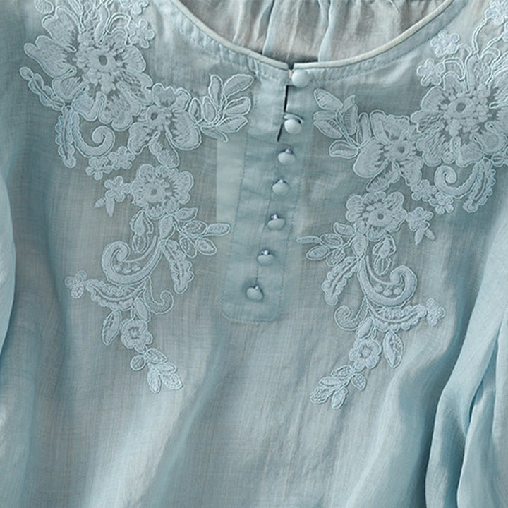 Buddha Stones Flower Vines Embroidery Button Crew Neck Three Quarter Sleeve Women's Shirt - image 30