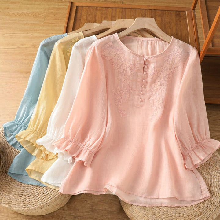 Buddha Stones Flower Vines Embroidery Button Crew Neck Three Quarter Sleeve Women's Cotton Shirt - image 1