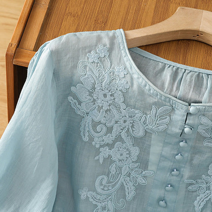 Buddha Stones Flower Vines Embroidery Button Crew Neck Three Quarter Sleeve Women's Shirt - image 29