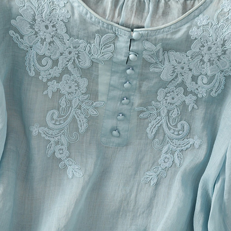Buddha Stones Flower Vines Embroidery Button Crew Neck Three Quarter Sleeve Women's Cotton Shirt - image 31