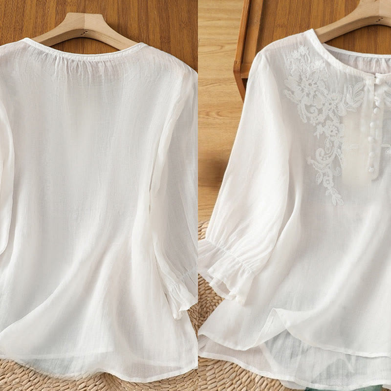 Buddha Stones Flower Vines Embroidery Button Crew Neck Three Quarter Sleeve Women's Shirt - image 16
