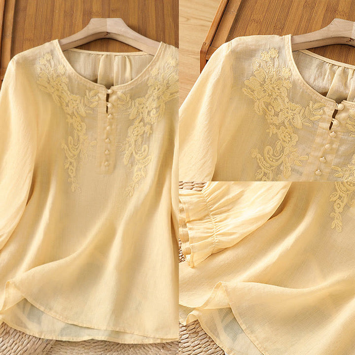 Buddha Stones Flower Vines Embroidery Button Crew Neck Three Quarter Sleeve Women's Cotton Shirt - image 3