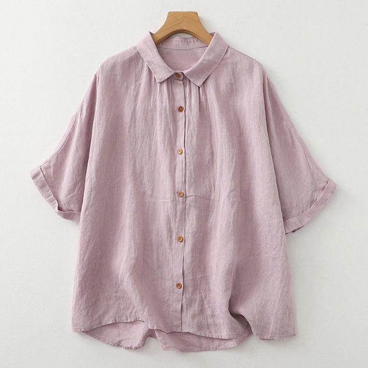 Buddha Stones Casual Plain Buttons Women's Cotton Linen Half Sleeve Shirt - Thistle - US12，UK/AU16，EU44 (2XL) - image 2