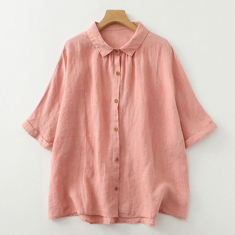 Buddha Stones Casual Plain Buttons Women's Cotton Linen Half Sleeve Shirt - Salmon - US12，UK/AU16，EU44 (2XL) - image 9