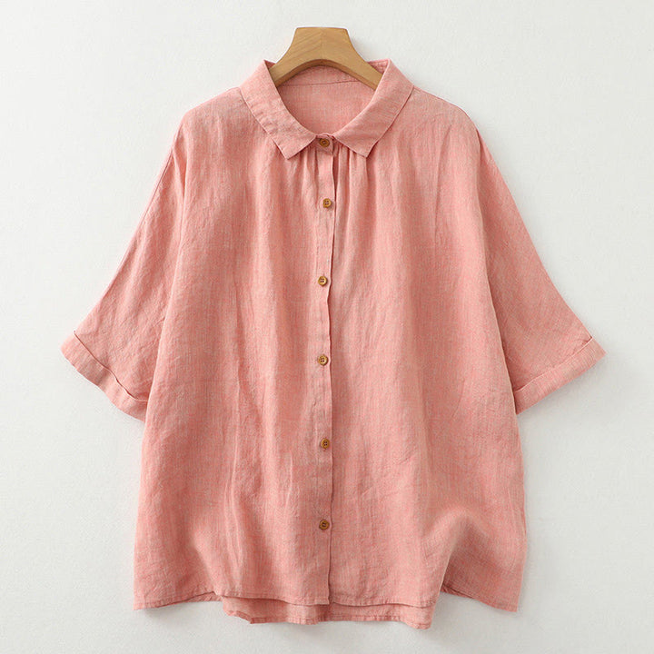 Buddha Stones Casual Plain Buttons Women's Cotton Linen Half Sleeve Shirt - Salmon - US12，UK/AU16，EU44 (2XL) - image 9