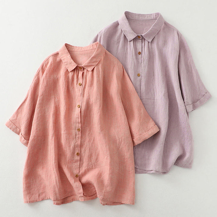 Buddha Stones Casual Plain Buttons Women's Cotton Linen Half Sleeve Shirt - image 1