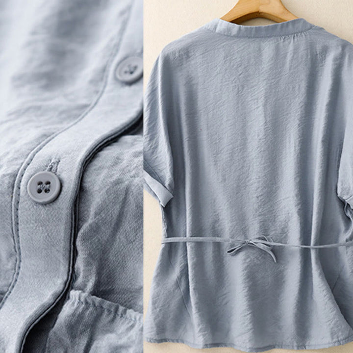 Buddha Stones Summer Button Lace-up Short Sleeve Women's Cotton Shirt - image 3