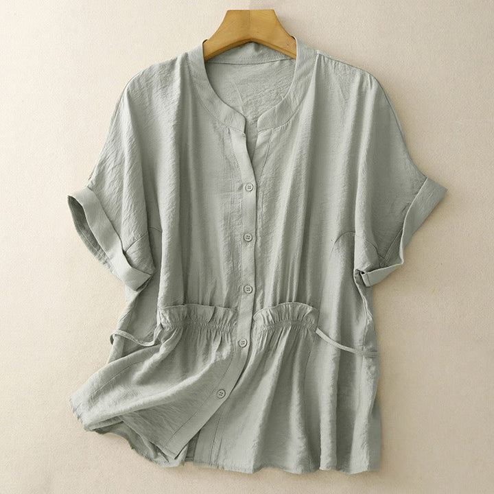 Buddha Stones Summer Button Lace-up Short Sleeve Women's Cotton Shirt - DarkSeaGreen - US8-10，UK/AU12-14，EU40-42 (2XL) - image 13