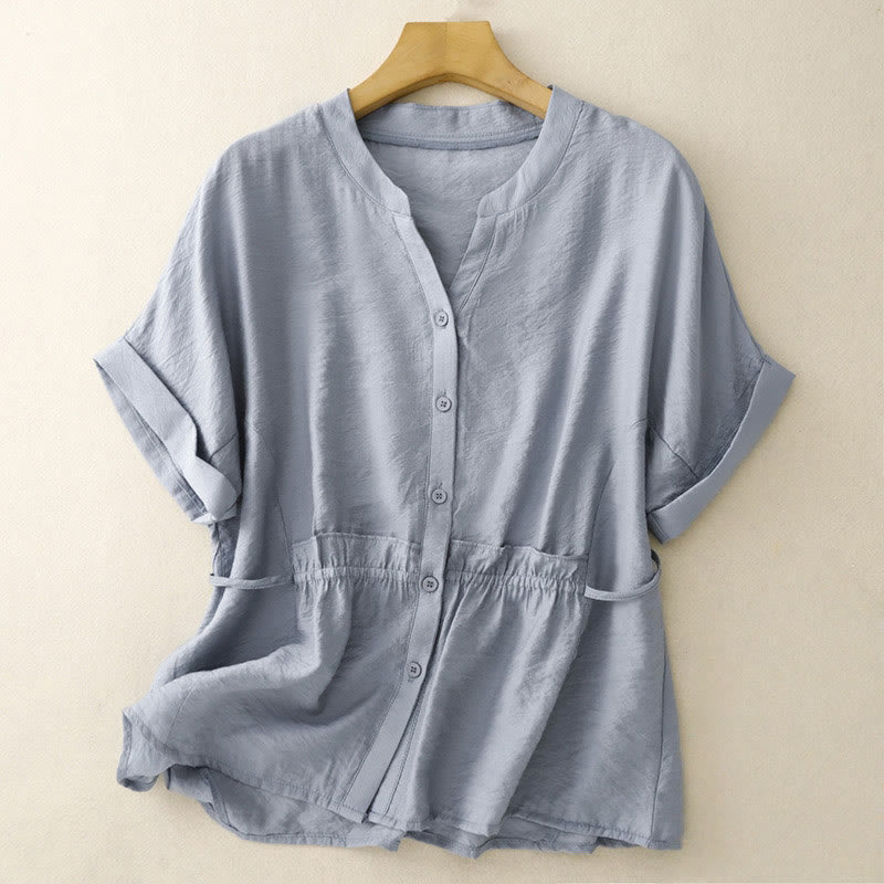 Buddha Stones Summer Button Lace-up Short Sleeve Women's Cotton Shirt - LightBlue - US8-10，UK/AU12-14，EU40-42 (2XL) - image 0