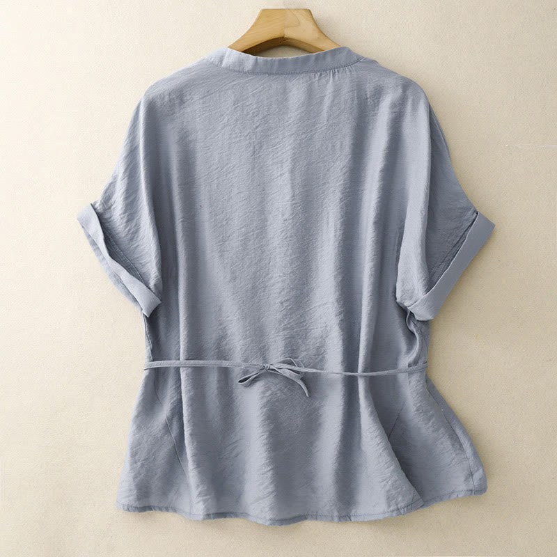 Buddha Stones Summer Button Lace-up Short Sleeve Women's Cotton Shirt - image 2