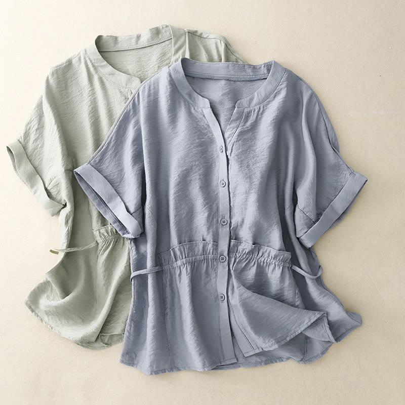 Buddha Stones Summer Button Lace-up Short Sleeve Women's Cotton Shirt - image 10